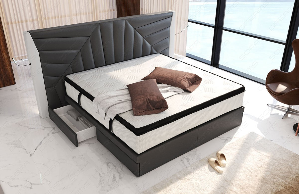 Modernes Leder Boxspringbett Monaco in grau-weiß