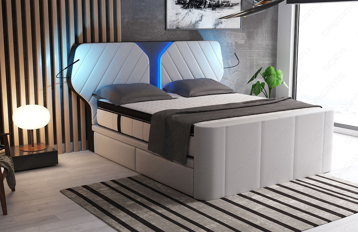 Designer Boxspringbett Nizza in weiß-schwarz. Liegemaß frei wählbar von 140x200cm bis 200x220cm