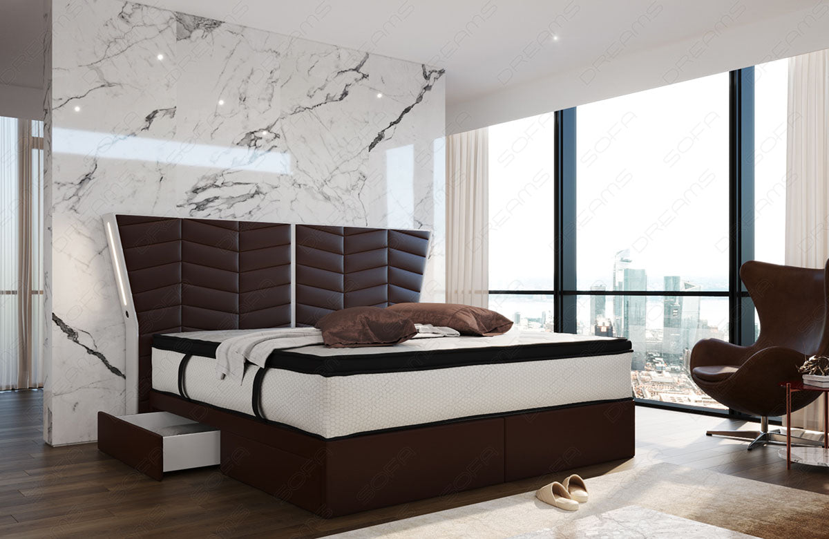 Luxux Boxspringbett Novara in dunkelbraun-weiß mit LED-Beleuchtung und optional erhältlichen USB-Anschlüssen
