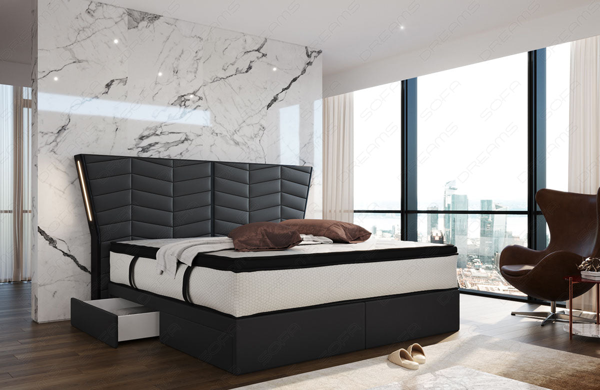 Luxux Boxspringbett Novara in grau-schwarz mit LED-Beleuchtung und optional erhältlichen USB-Anschlüssen
