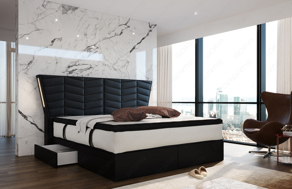 Luxux Boxspringbett Novara in schwarz mit LED-Beleuchtung und optional erhältlichen USB-Anschlüssen