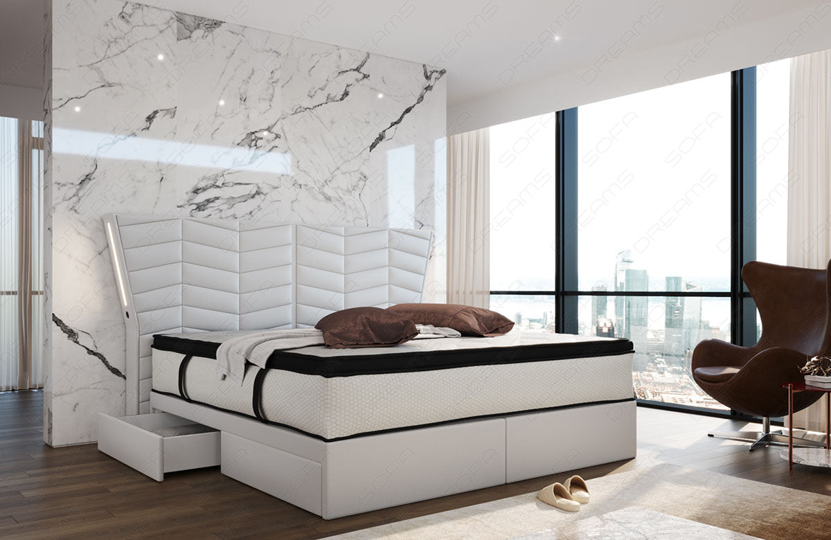 Luxux Boxspringbett Novara in weiß mit LED-Beleuchtung und optional erhältlichen USB-Anschlüssen