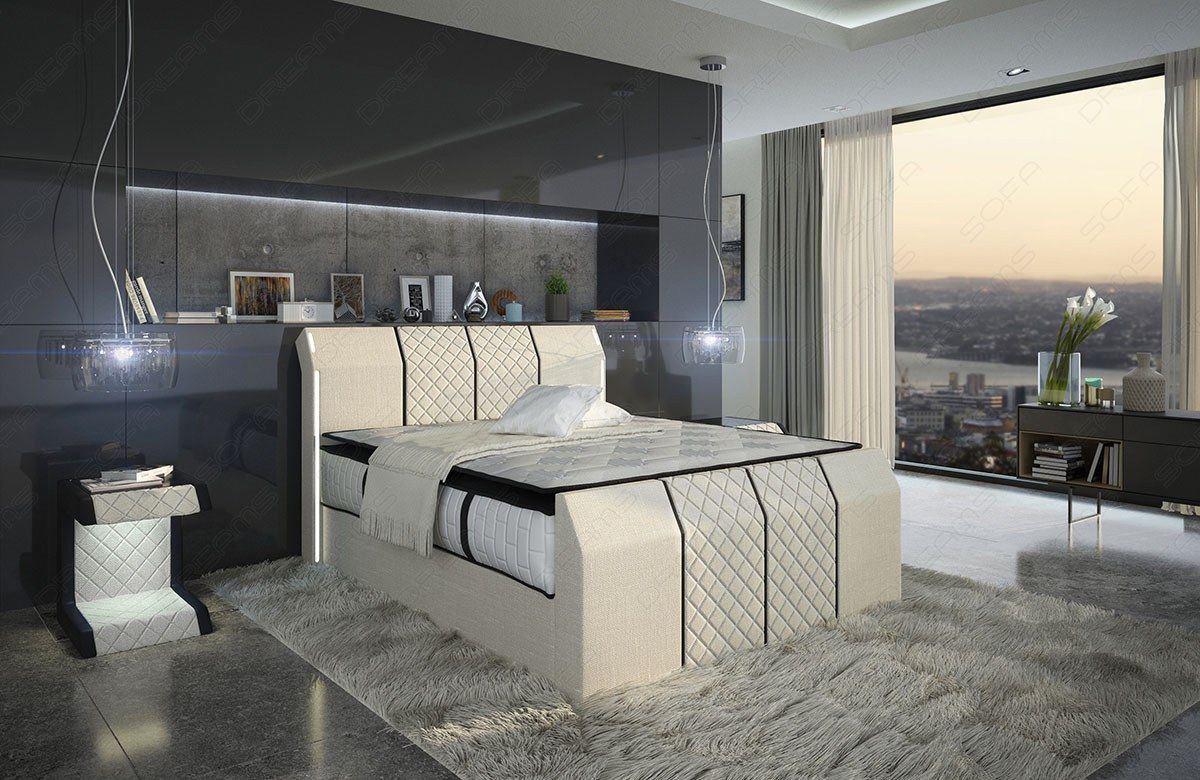 Stoff Bett Boxspringbett Paris mit Chesterfield Steppung in Strukturstoff Hugo 1 - elfenbein
