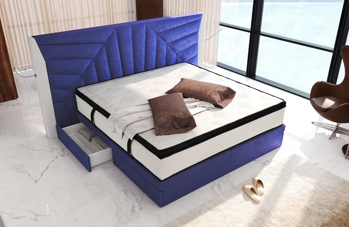 Samtstoff Boxspringbett Monaco mit LED Beleuchtung und Schubladen in blau - SunVelvet1027 - Nebenfarbe weiß