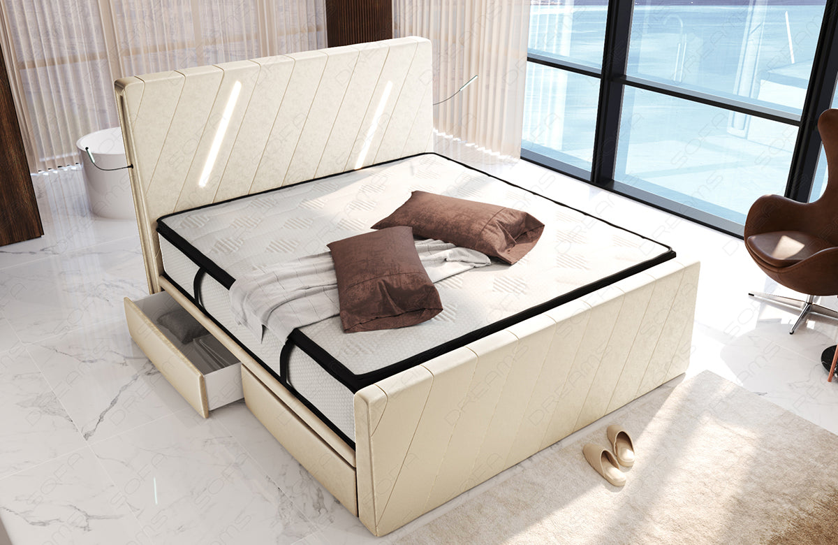 Samtstoff Boxspringbett Toulon mit LED und Schubladen in creme - SunVelvet1001
