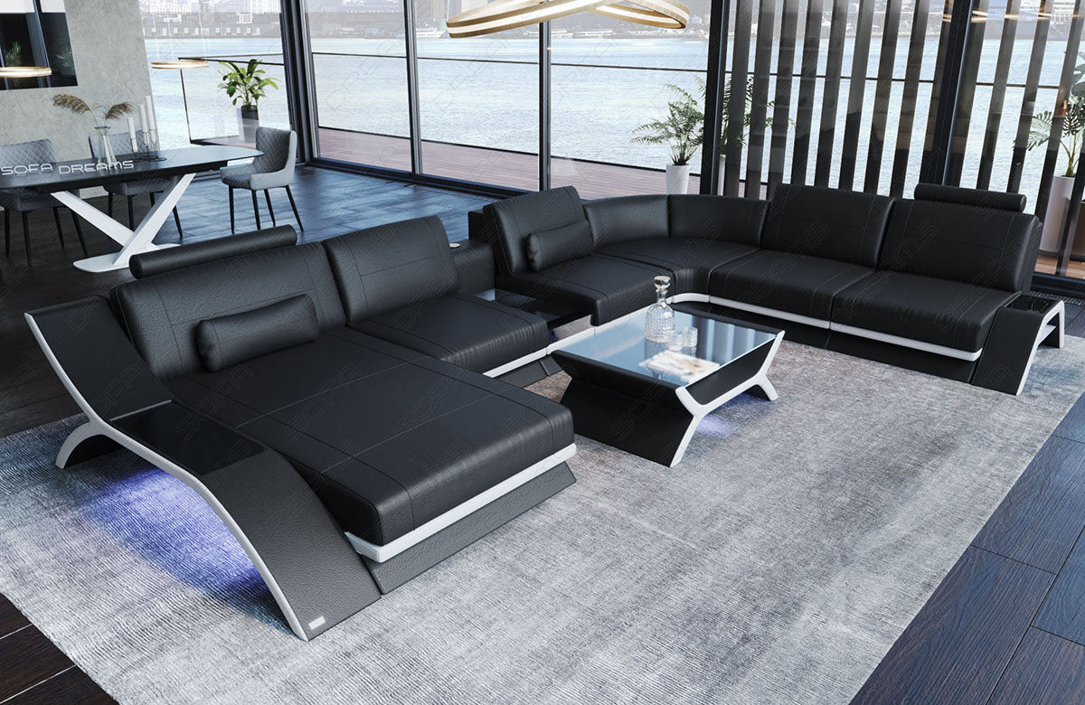 Moderne Ledercouch Calabria XL in schwarz - weiss mit Multifunktionskonsole