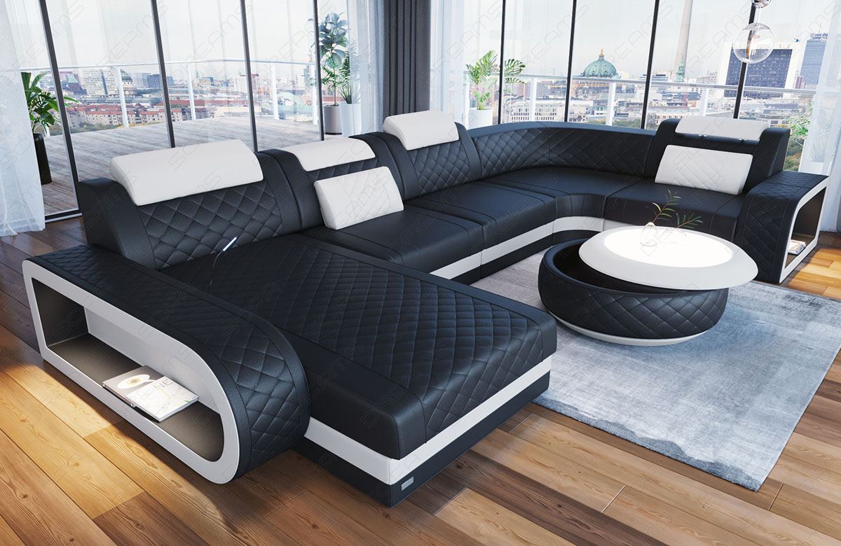 Ledersofa U Form Chesterfield Ottomane Berlin LED - Leder schwarz - weiss