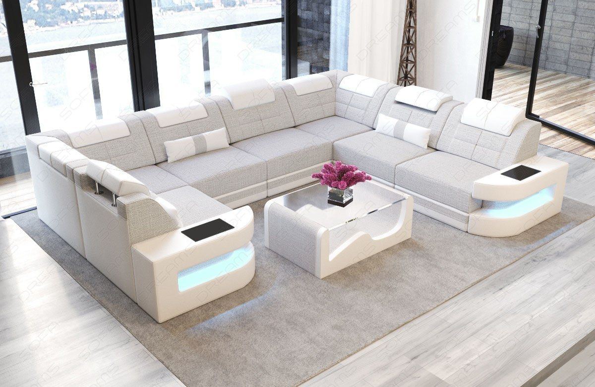 Stoff Wohnlandschaft Como U Form mit LED-Beleuchtung in macchiato - Hugo2