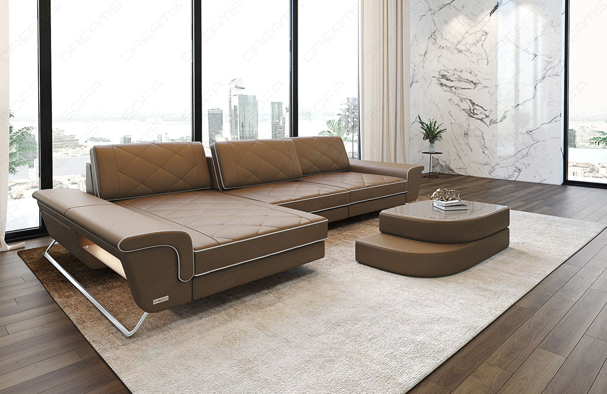 Design Leder Ecksofa Bari L Form in sandbeige-weiß