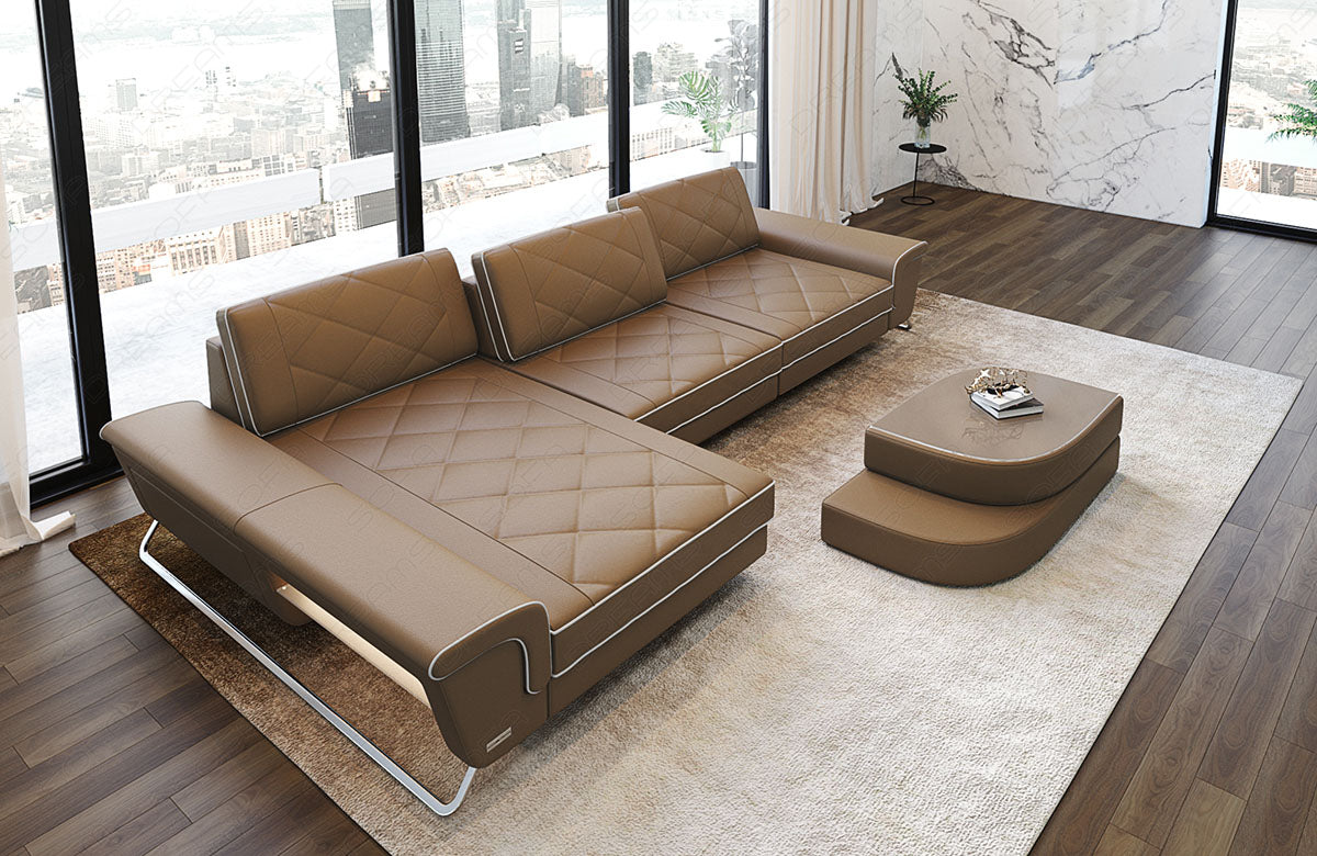 Leder Ecksofa Bari L Form in sandbeige-weiß