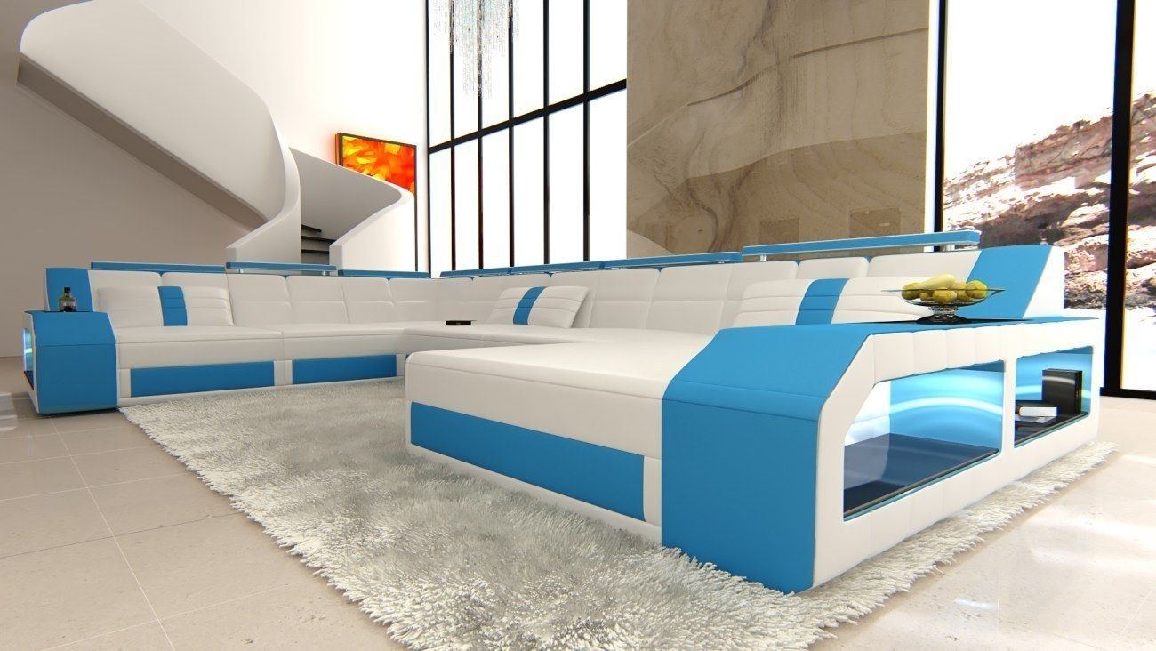 U Form XXL Ledersofa Matera Mini in Leder weiss-blau