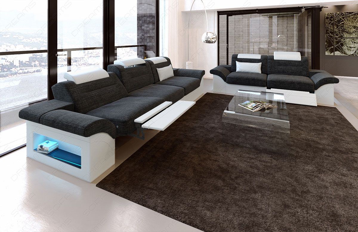 Stoff Couchgarnitur Monza in schwarzgrau - Hugo12 - Die LED Beleuchtung, USB Anschluss und Relaxfunktion sind optional erhältlich.