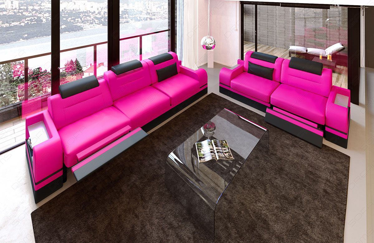 Sofagarnitur Parma 3er und 2er Sitzgruppe in pink-schwarz - Die LED Beleuchtung, USB Anschluss und Relaxfunktion sind optional erhältlich.