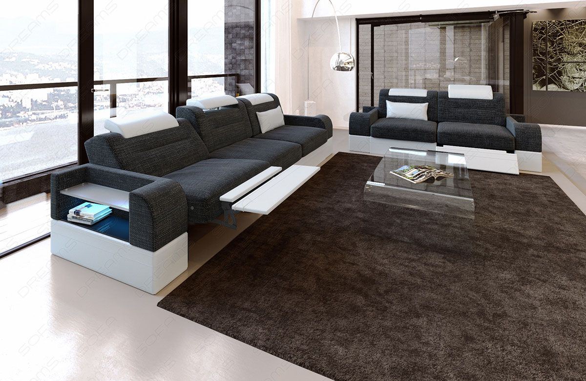 Stoff Couchgarnitur Parma in schwarzgrau - Hugo12 - Die LED Beleuchtung, USB Anschluss und Relaxfunktion sind optional erhältlich.