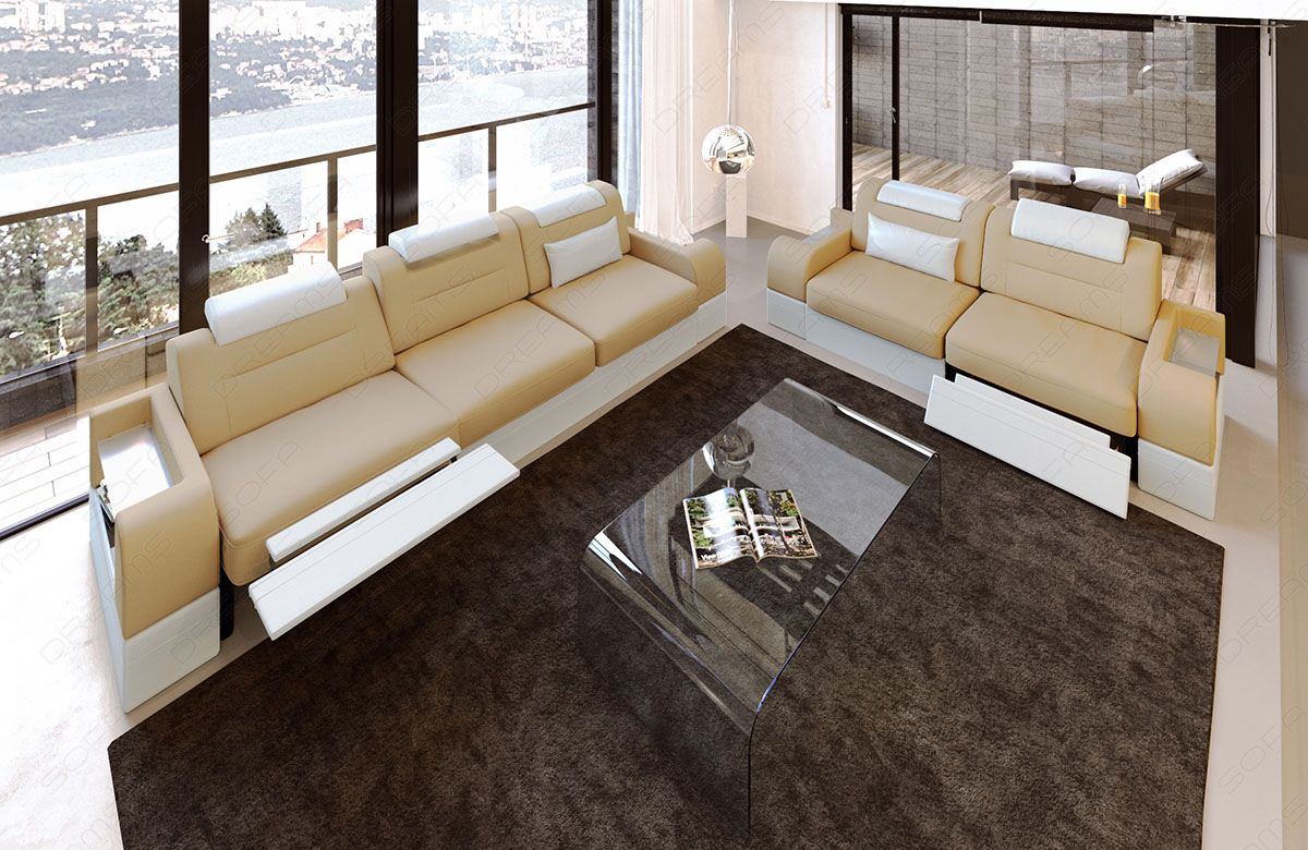 Mikrofaser Stoff Couchgarnitur Parma in beige - Mineva4 - Die LED Beleuchtung, USB Anschluss und Relaxfunktion sind optional erhältlich.