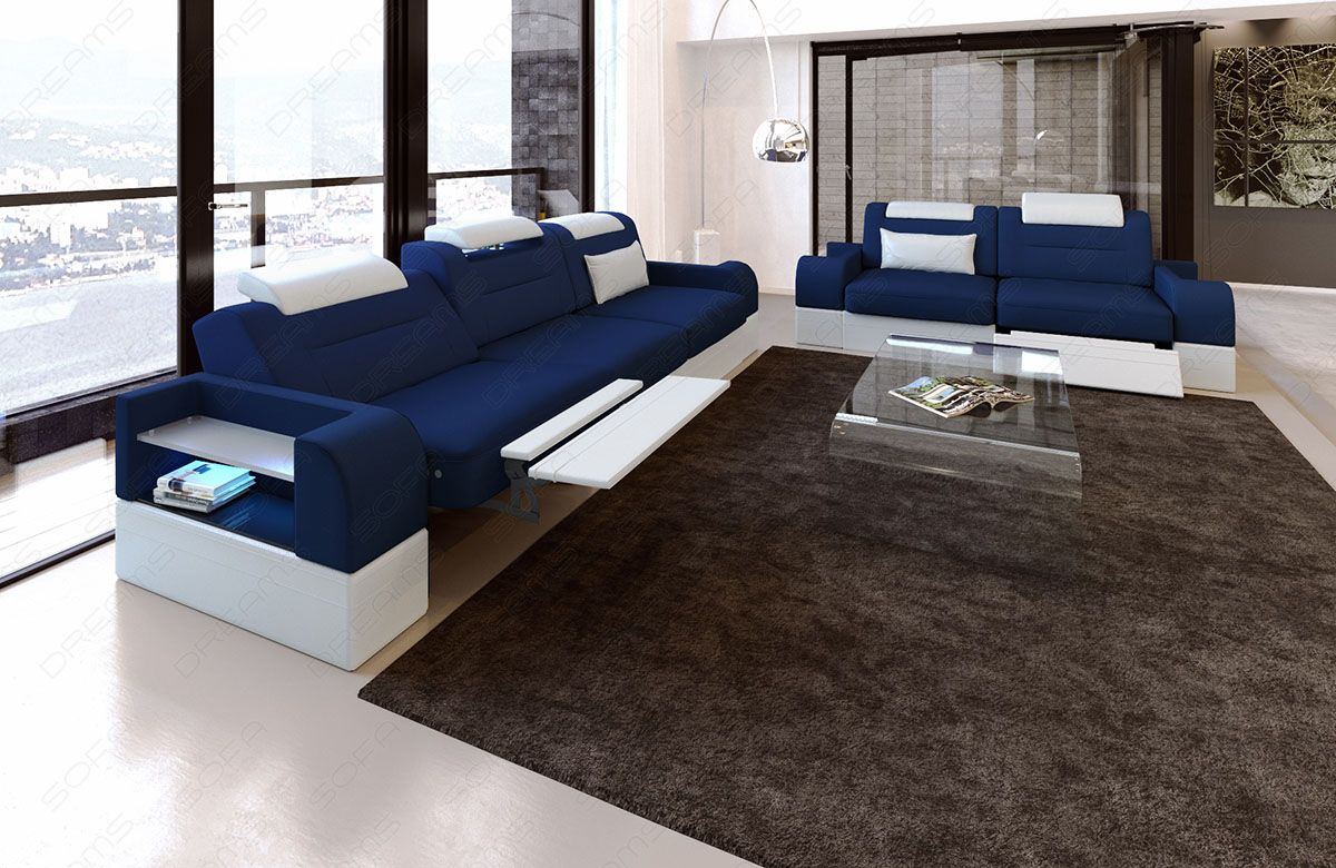 Stoff Couchgarnitur Mikrofaser Parma in dunkelblau - Mineva17 - Die LED Beleuchtung, USB Anschluss und Relaxfunktion sind optional erhältlich.
