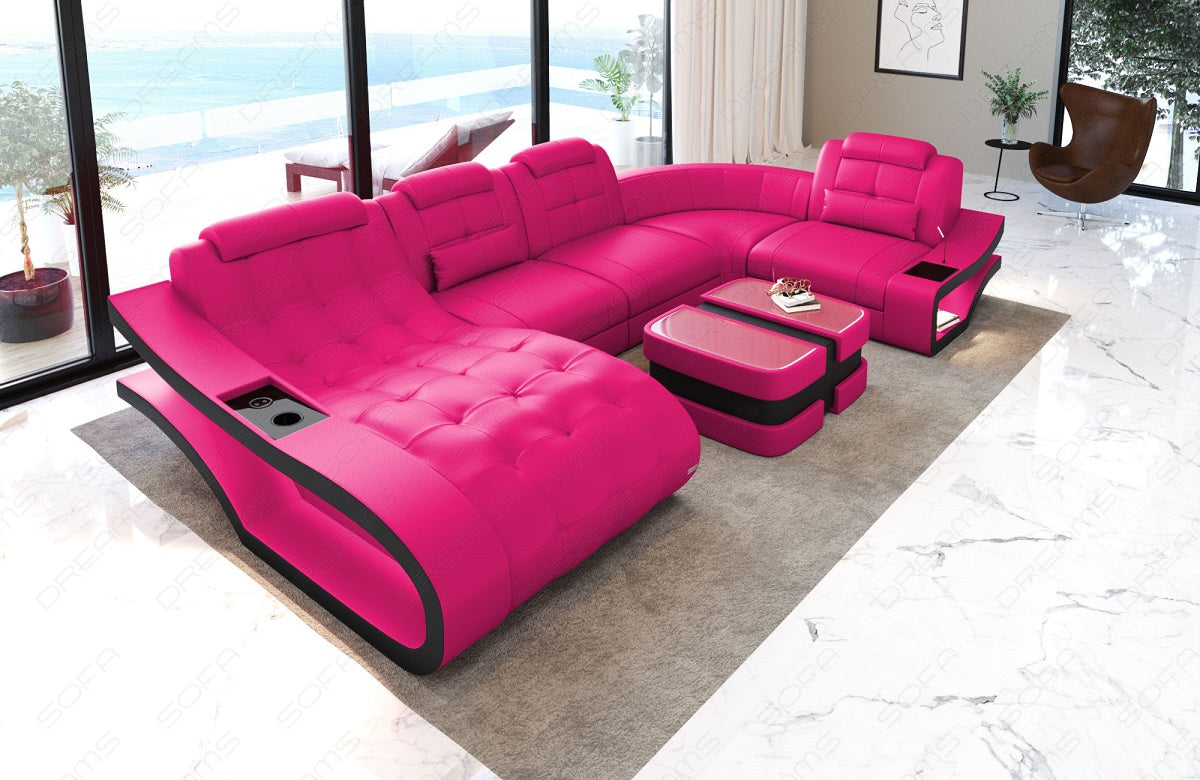 Mini Ledersofa Elegante U Form mit LED und USB in pink-schwarz