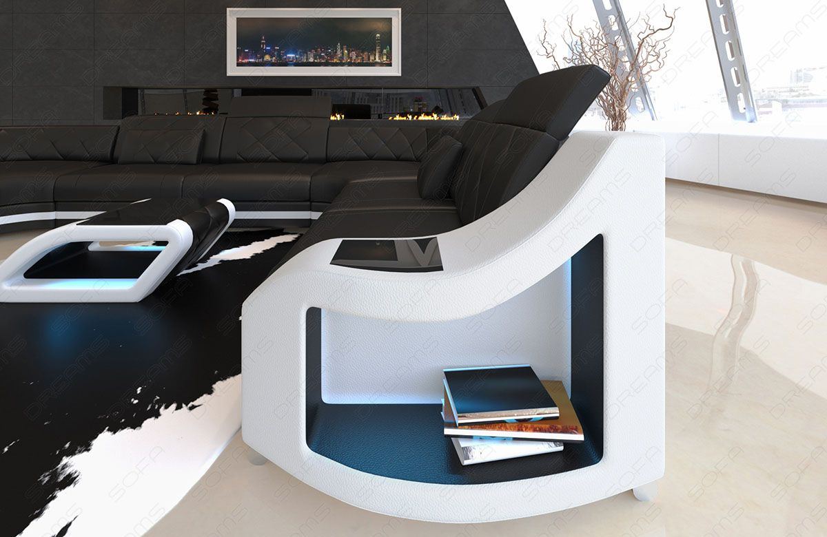 Leder Couch Genua Wohnlandschaft mit LED Beleuchtung in schwarz - weiss