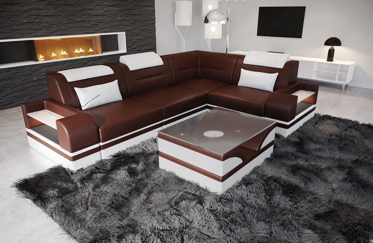 Design Leder Ecksofa Trivento L Form kurz in dunkelbraun-weiß