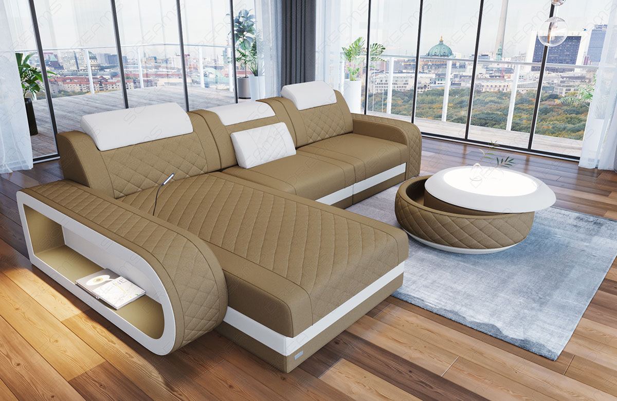Mikrofaser Stoff Ecksofa Berlin L Form mit LED-Beleuchtung in cappuccino - Mineva6