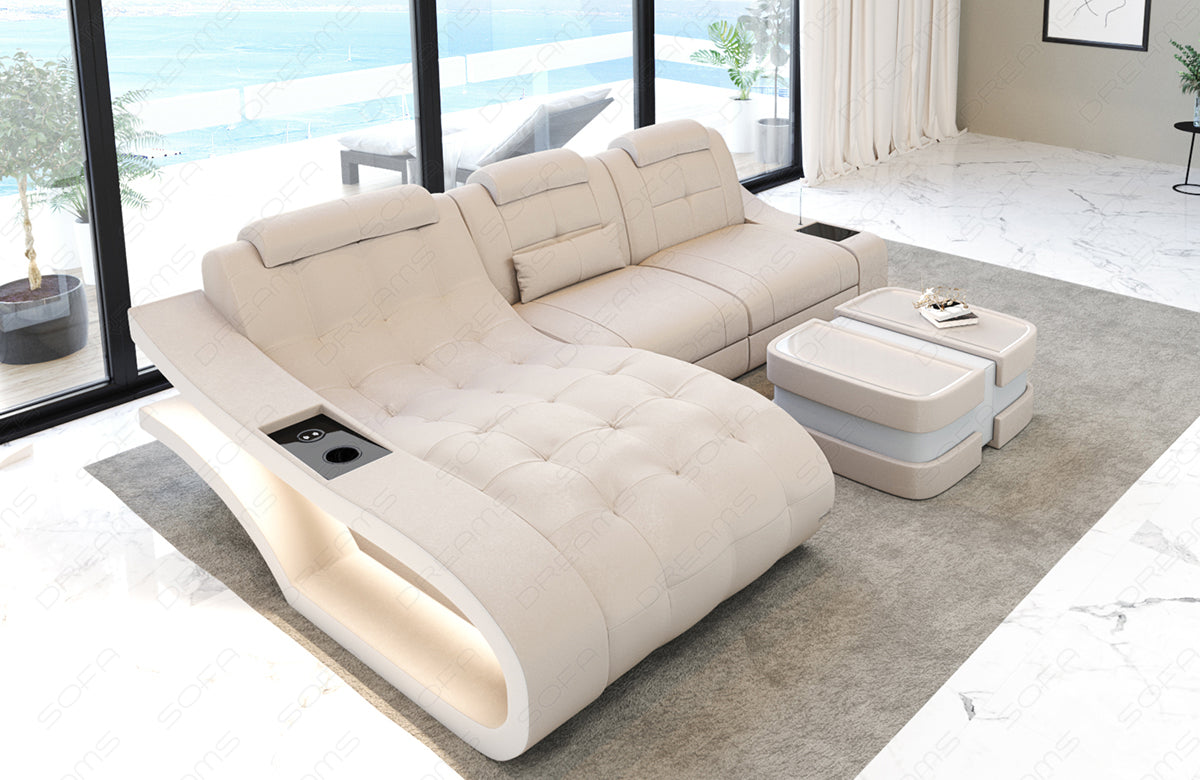 L Form Mini Sofa Elegante als Stoffsofa mit LED Licht und USB mit Altara Stoffbezug in Beige1A