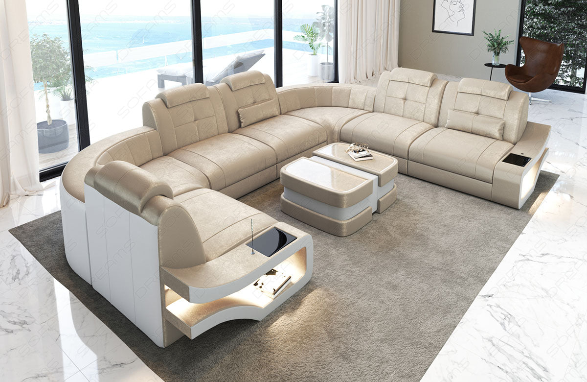 Samtstoff Wohnlandschaft Elena U Form in creme - SunVelvet1001 - Nebenfarbe weiß - Bitte beachten: Die Rückwand ist in den Farben der Hauptfarbe!
