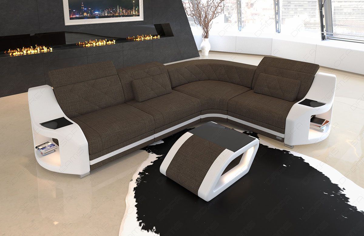 Polstercouch Genua L Form mit LED-Beleuchtung in braun - Hugo8 Strukturstoff