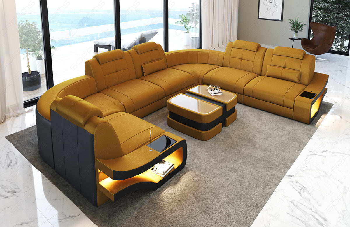 Moderne Wohnlandschaft Elena U Form in Ochre4a - Altara Stoff - Nebenfarbe schwarz - Bitte beachten: Die Rückwand ist in den Farben der Hauptfarbe!