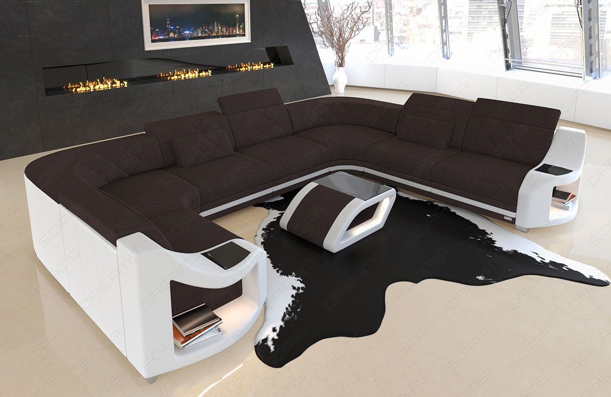 Design Stoff Wohnlandschaft Genua U Form in graubraun - Hugo16 Strukturstoff