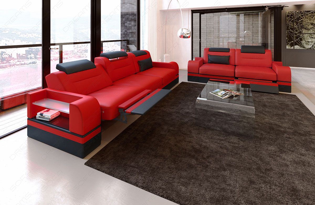Sofagarnitur Parma 3er und 2er Sitzgruppe in rot-schwarz - Die LED Beleuchtung, USB Anschluss und Relaxfunktion sind optional erhältlich.