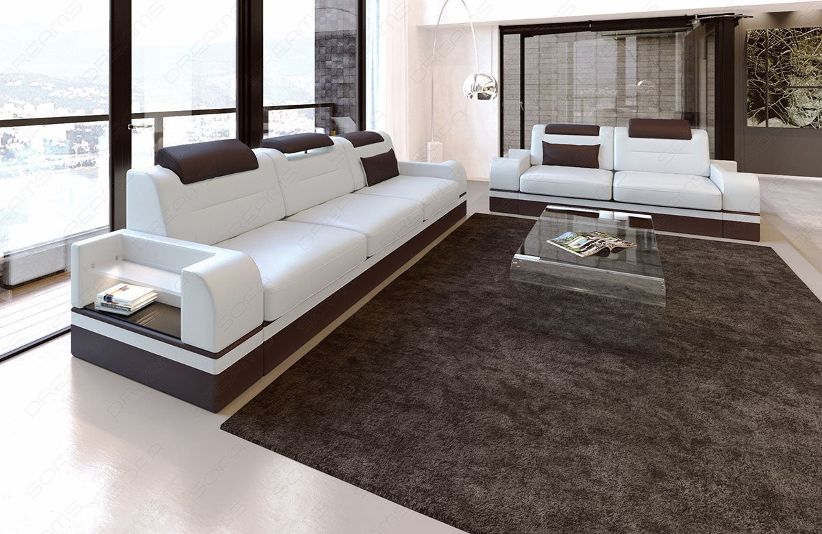 Ledersofa Garnitur Parma 3er und 2er in weiß-dunkelbraun - Die LED Beleuchtung, USB Anschluss und Relaxfunktion sind optional erhältlich.