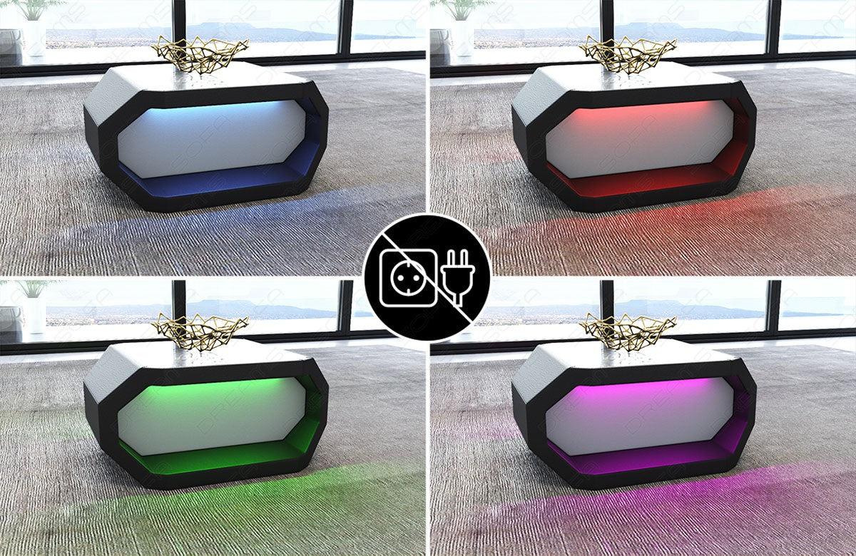 Beispielbild der optional wählbaren LED Beleuchtung mit verschiedenen Farben beim Designer Couchtisch Asti