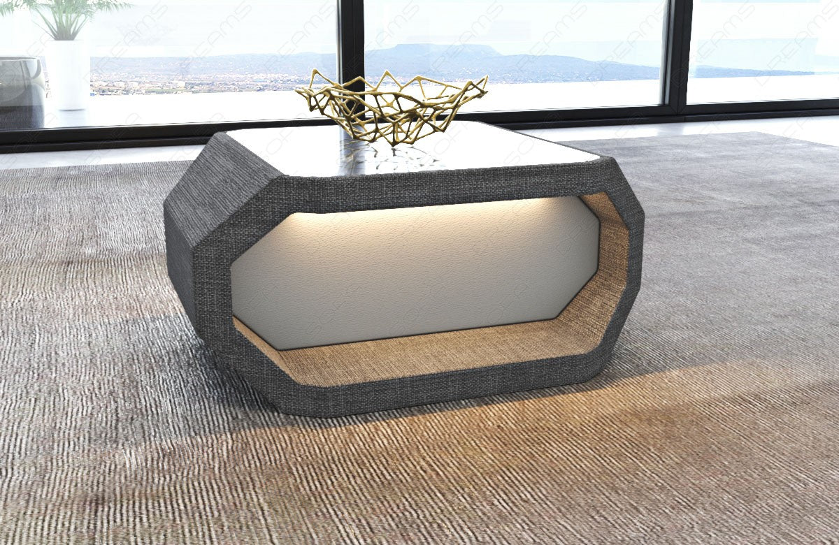 Designer Couchtisch Asti Stoff in grau - Hugo5 - optional mit LED Beleuchtung erhältlich.