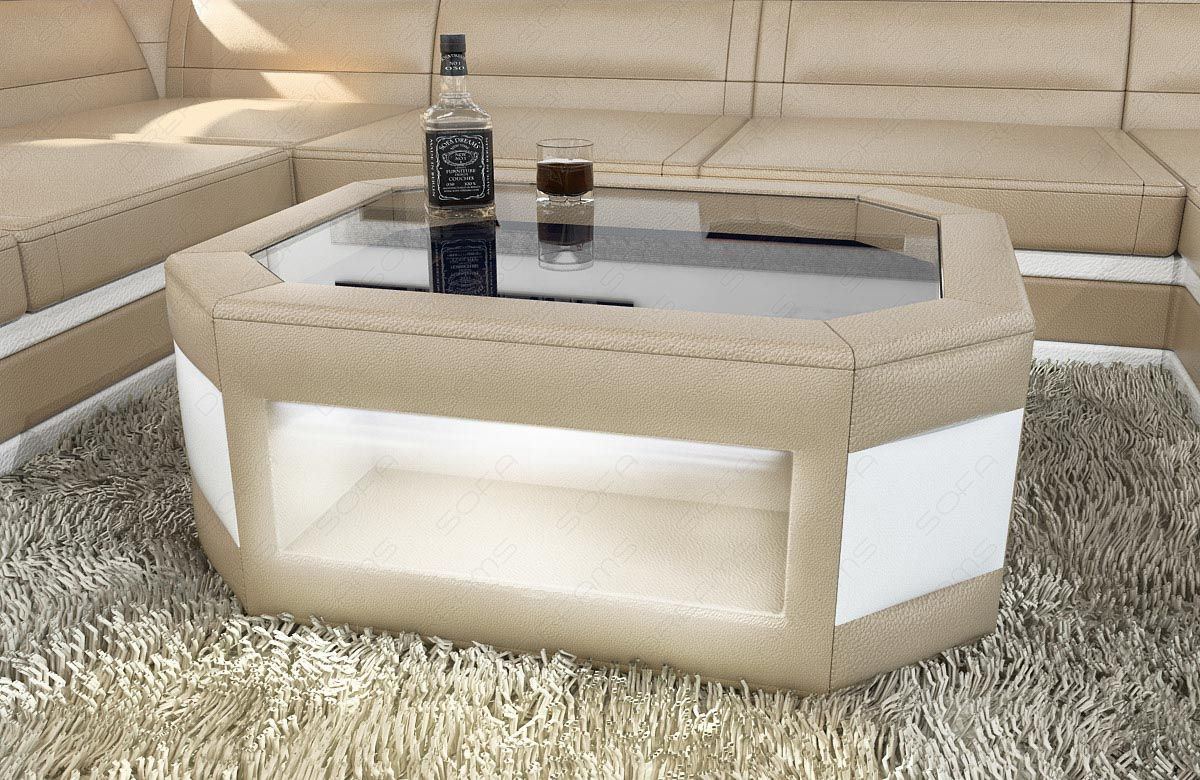 Echtleder Couchtisch Prato mit LED - sandbeige - weiss
