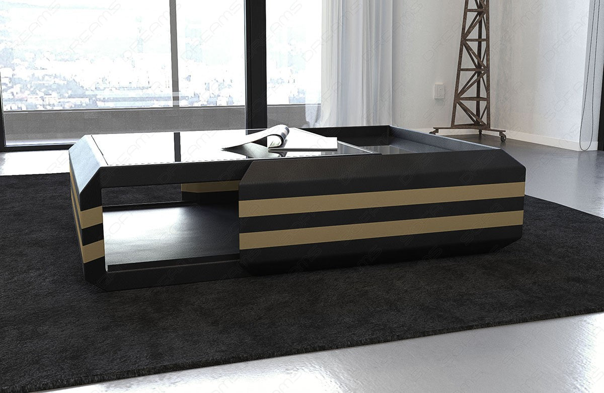 Couchtisch Ravenna ausziehbar in schwarz-sandbeige. Optional mit LED Beleuchtung erhältlich.