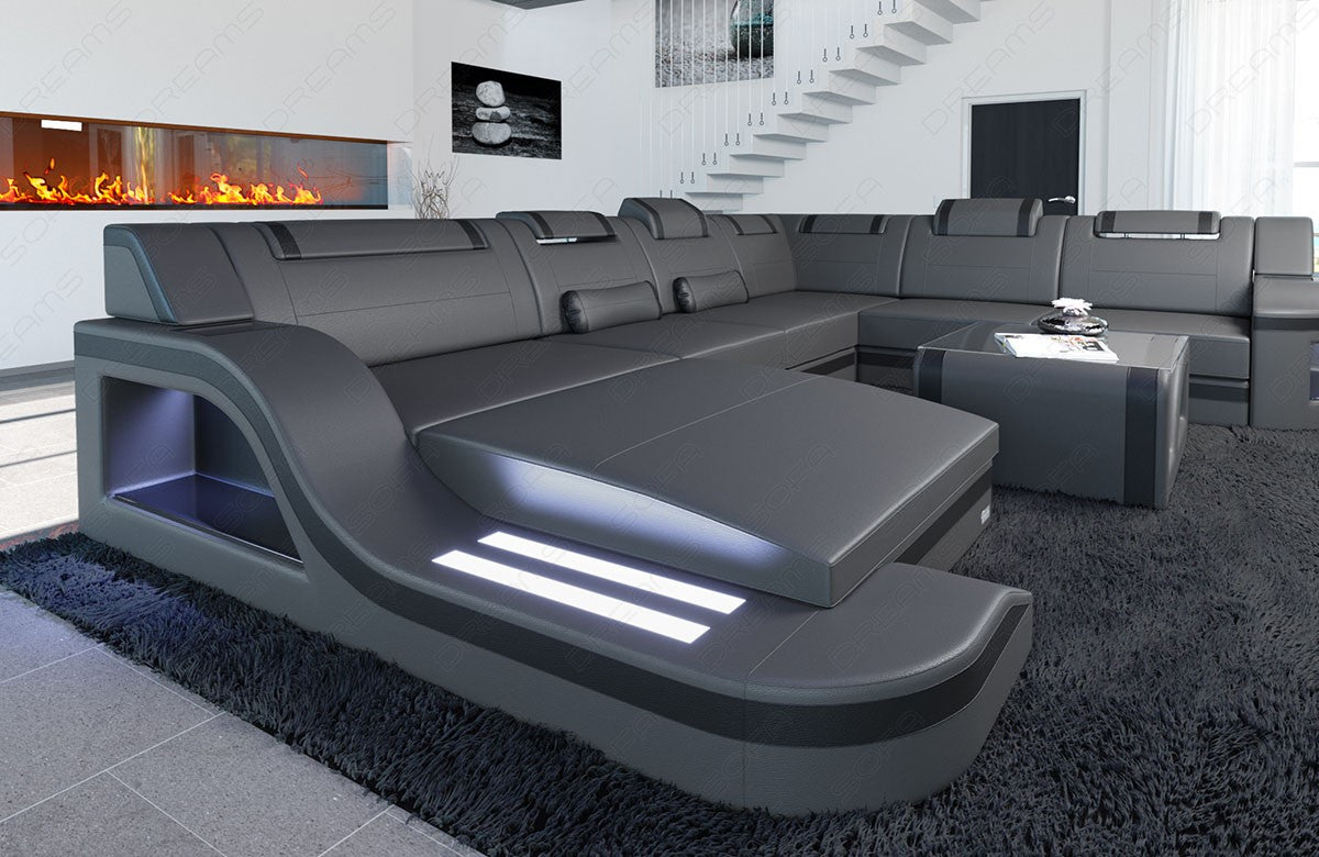 Ledersofa Palermo XXL Farbe in grau-schwarz mit LED Beleuchtung