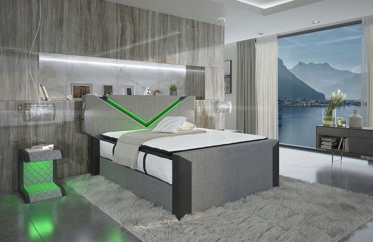 Polsterstoff Bett Lyon mit LED Beleuchtung in grau - Hugo 5