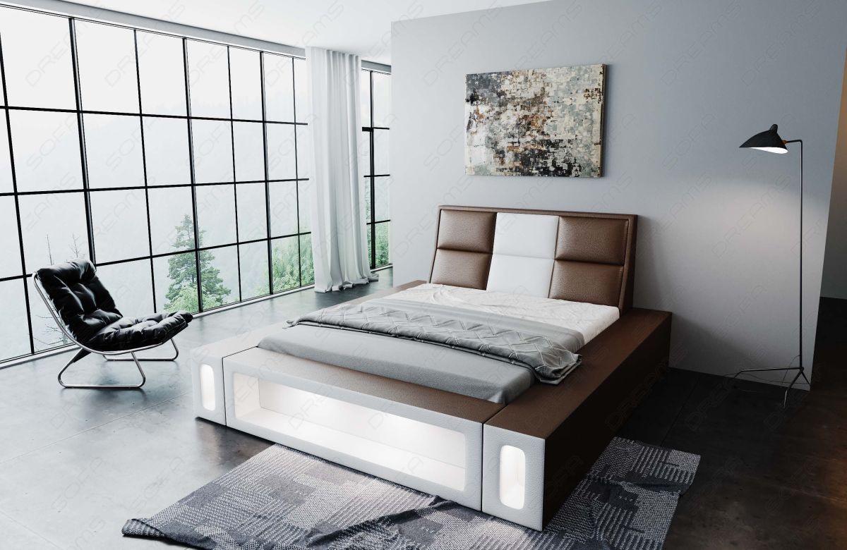 Boxspringbett Venosa mit LED Beleuchtung in dunkelbraun-weiß