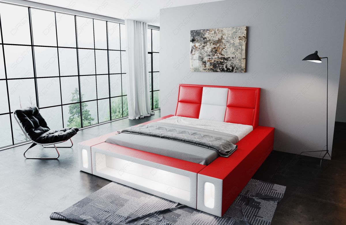 Boxspringbett Venosa mit LED Beleuchtung in rot-weiß