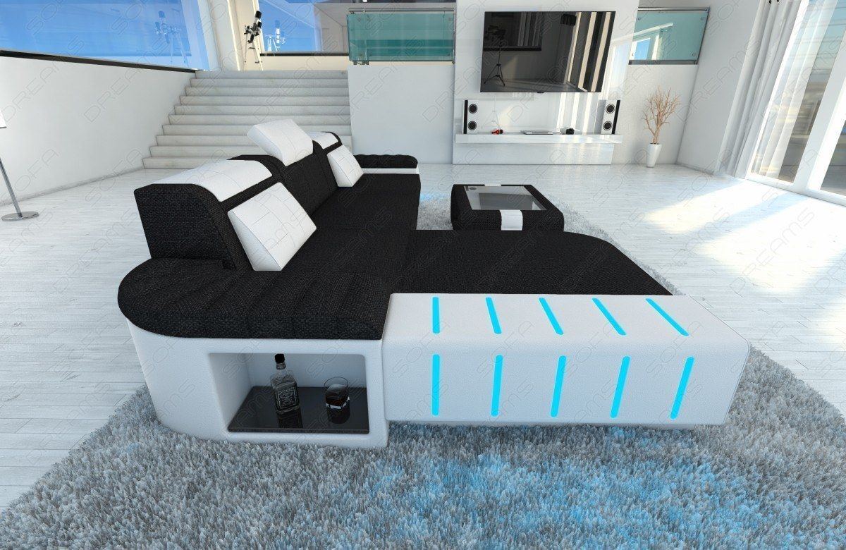 Stoff Couch Bellagio in L Form mit LED in schwarz - Mineva14