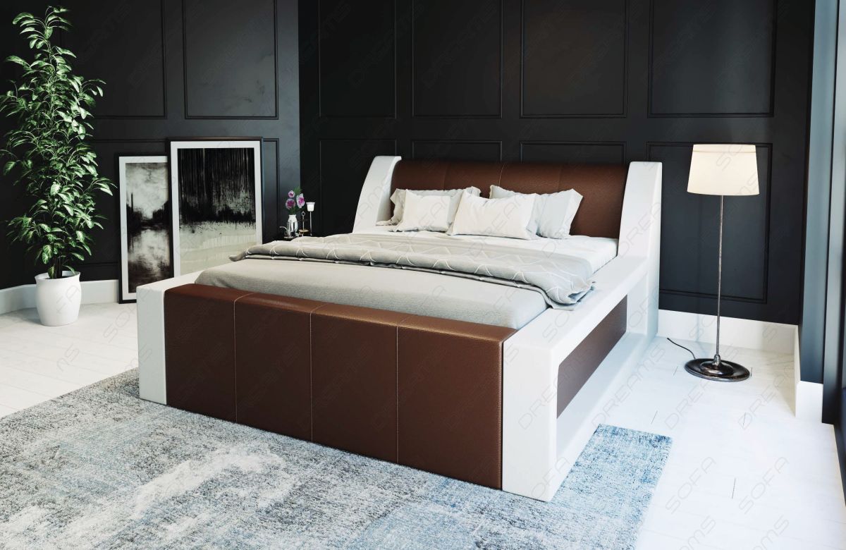 Modernes Komplettbett Fermo mit LED in Kunstleder dunkelbraun-weiß