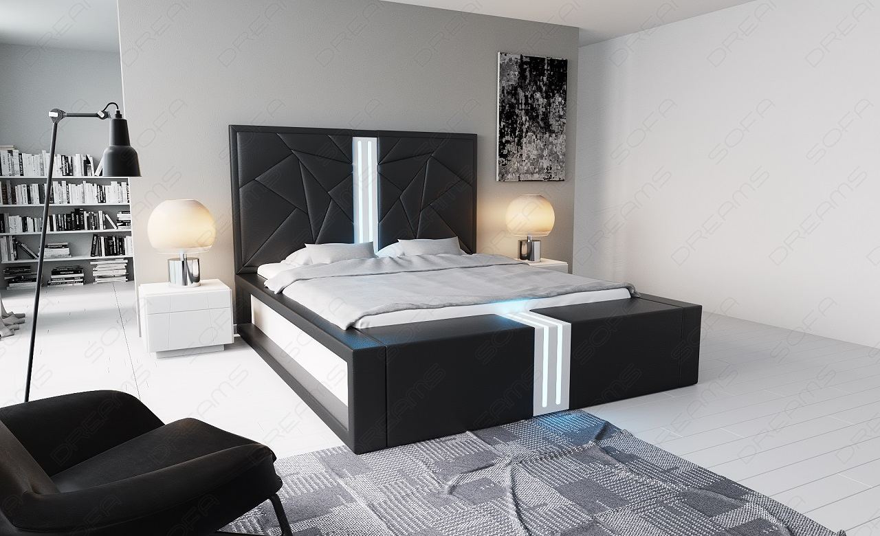 Leder Komplettbett Imperia in schwarz mit weissem Seitenkasten