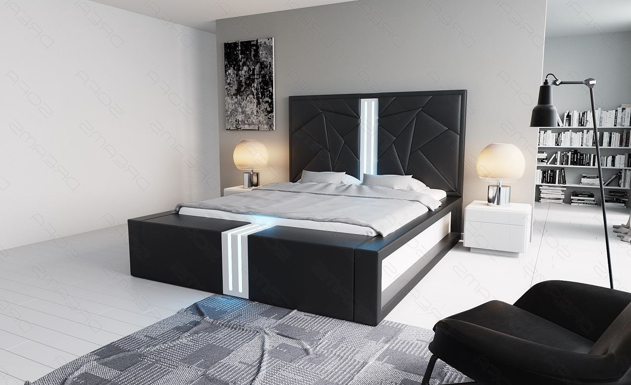 Leder Komplettbett Imperia in schwarz mit weissem Seitenkasten