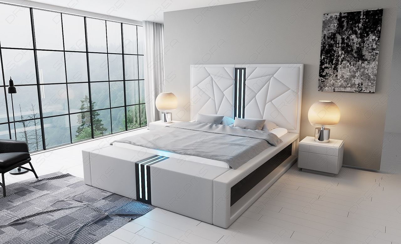 Leder Komplettbett Imperia in weiß mit schwarzem Seitenkasten