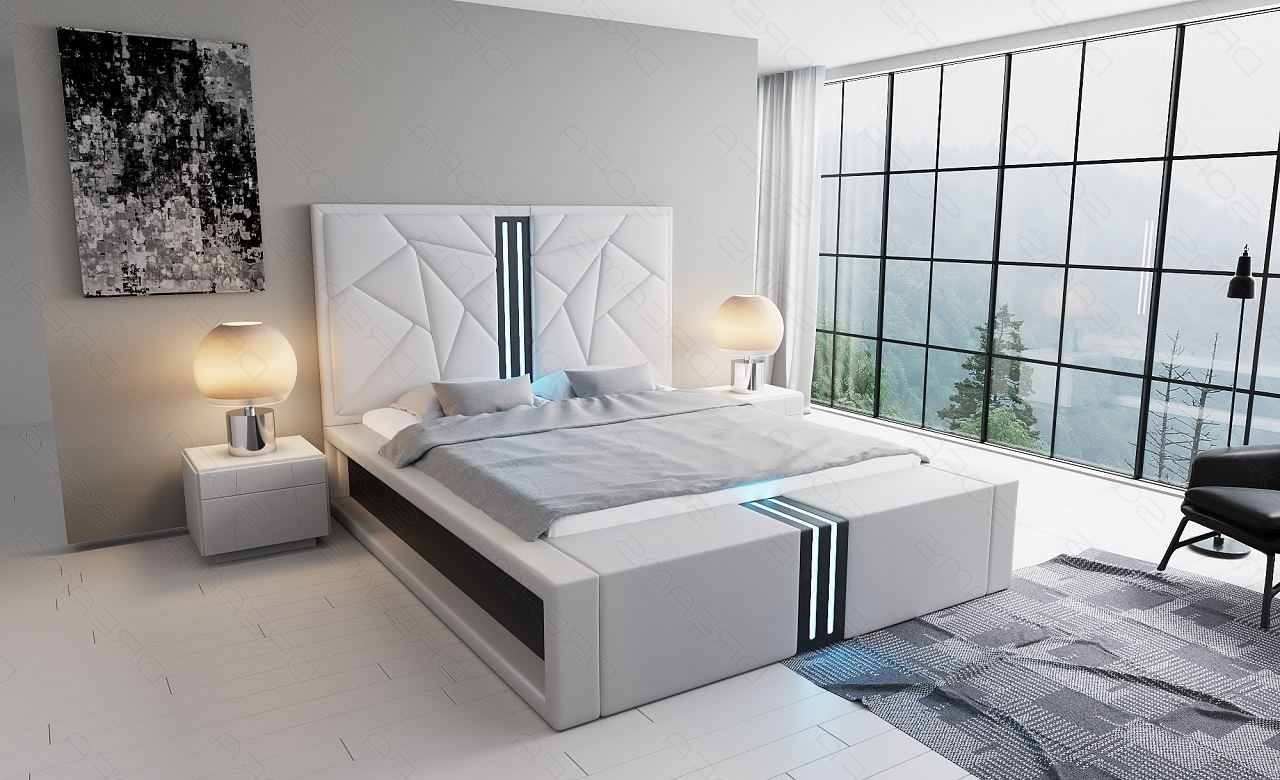 Leder Komplettbett Imperia in weiß mit schwarzem Seitenkasten