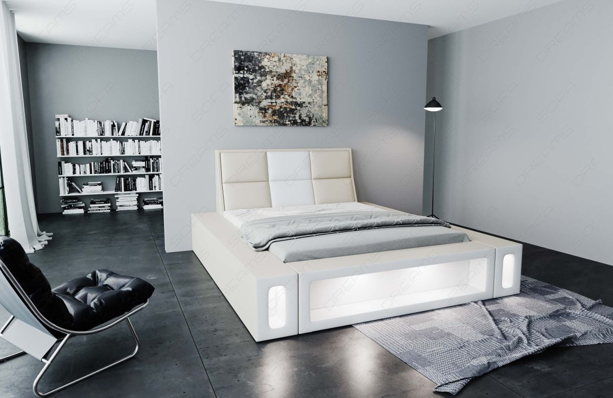 Kunstleder Komplettbett Venosa mit 7-Zonen Matratze und Lattenrost in beige-weiß
