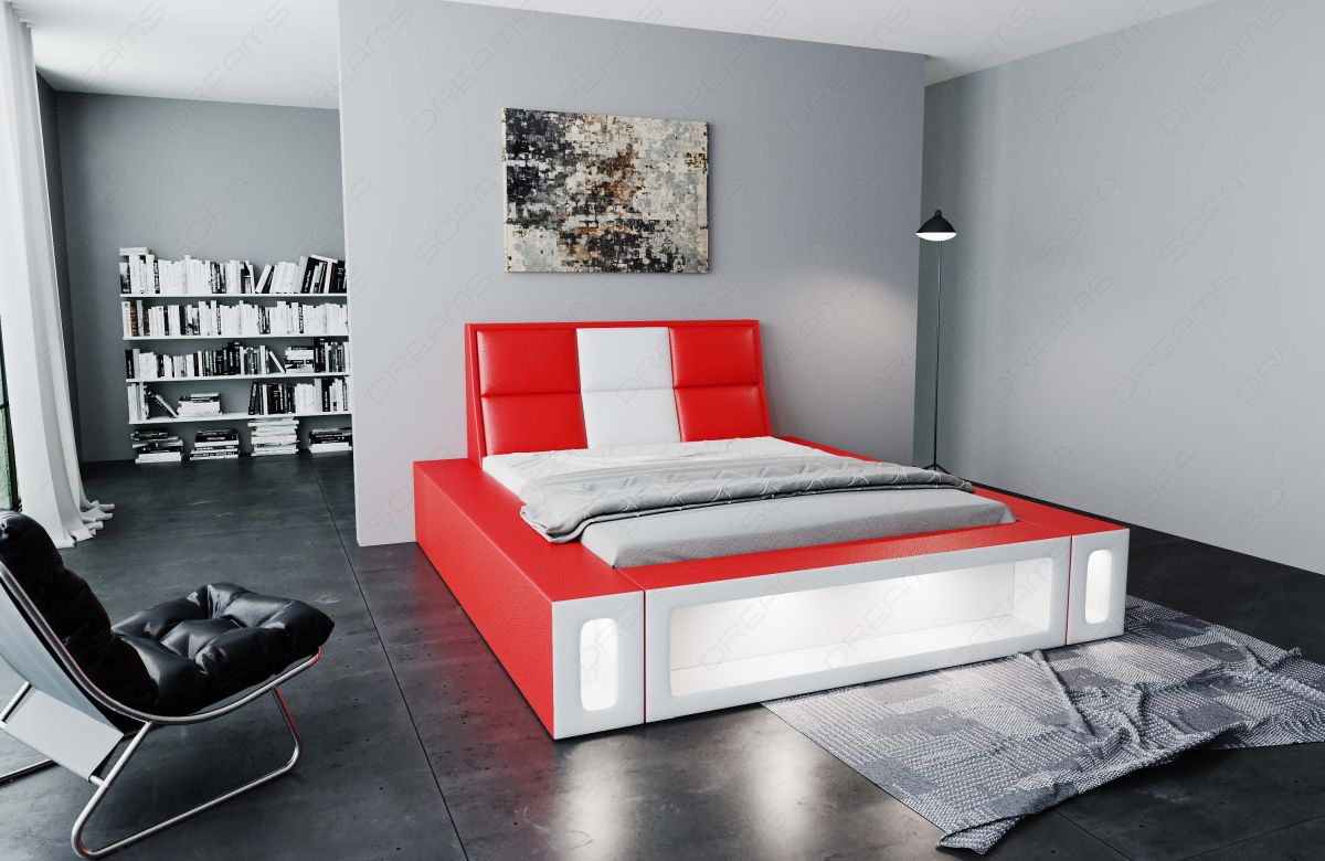 Kunstleder Komplettbett Venosa mit 7-Zonen Matratze und Lattenrost in rot-weiß
