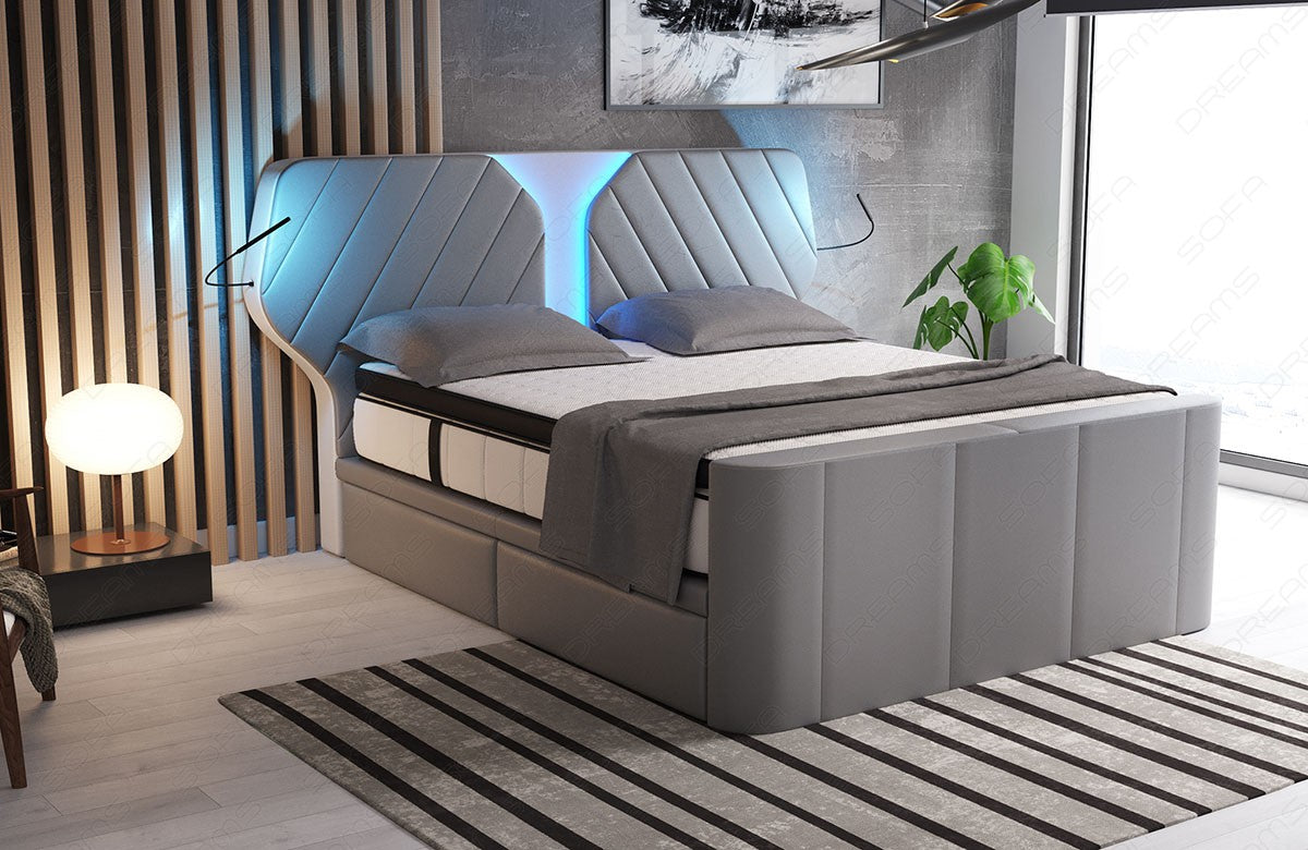 Designer Leder Boxspringbett Nizza in grau-weiß. Liegemaß frei wählbar von 140x200cm bis 200x220cm