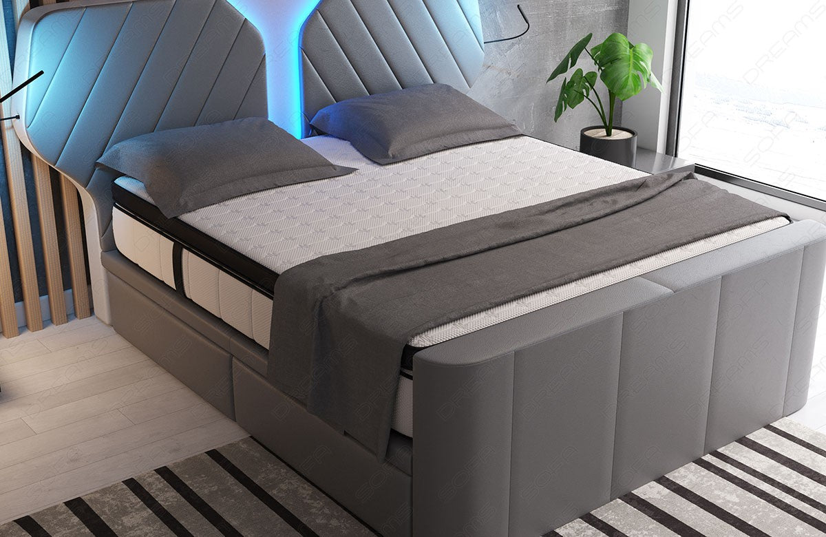 Lederbett Nizza mit Premium Matratze und USB Anschlüssen in grau-weiß