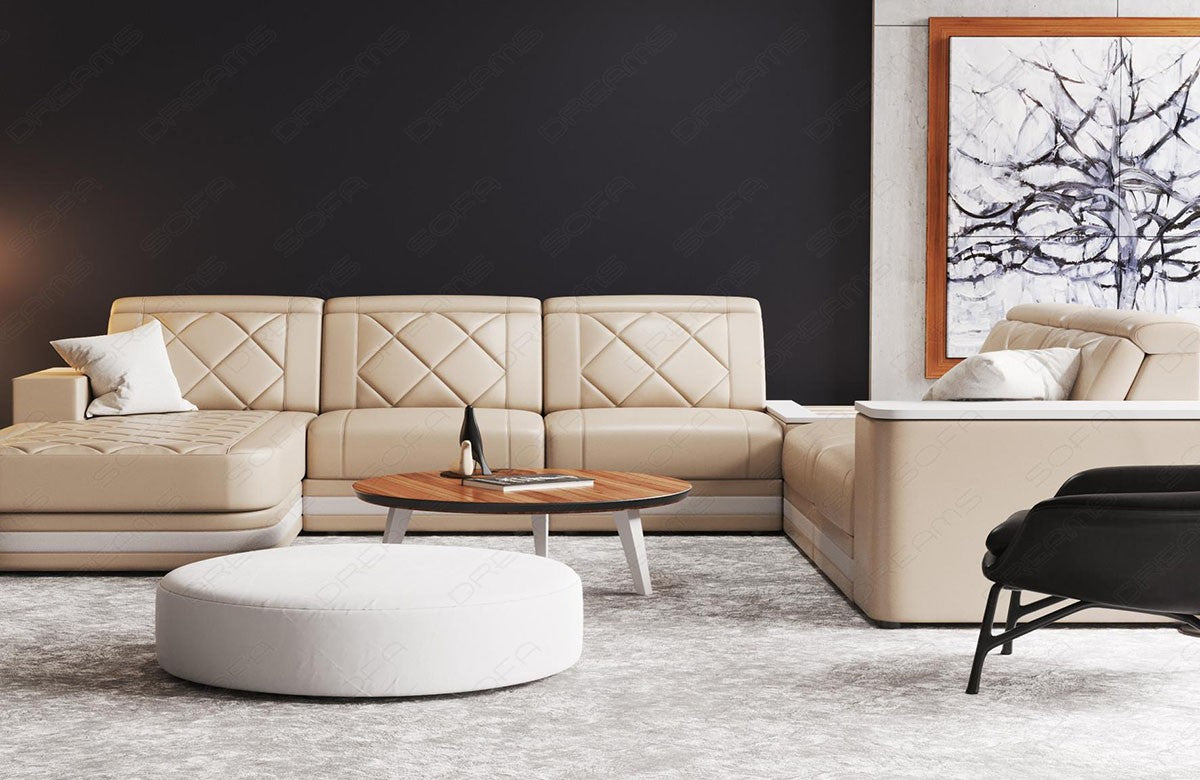 Luxus Sofa Cesena XXL Leder in sandbeige-weiß mit LED Beleuchtung